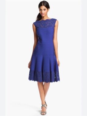 Tadashi Shoji Royal Blue Lace-Trim Midi Dress